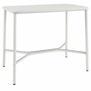 Modern white yard-high table with metal frame. Minimalist design for indoor or outdoor use.
