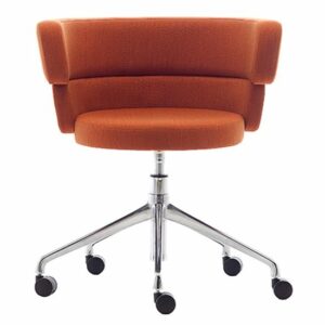 Modern orange desk chair with a chrome base and rolling casters. Office furniture.