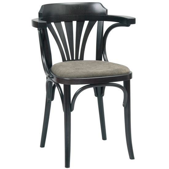 Front view of a black wood Fan Armchair with upholstered seat.