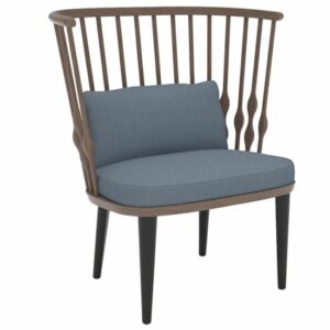 Angled view of a Nub Lounge Chair. Wood frame with blue upholstered seat and back cushion.