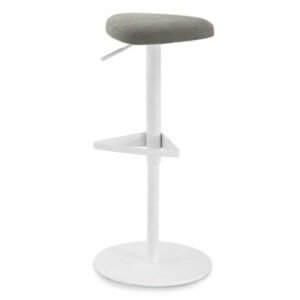 Angled view of a Pick barstool. White, matt lacquered steel frame with a gray upholstered seat. Adjustable gas lift and triangular footrest.