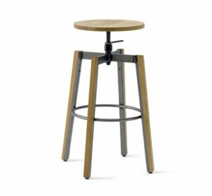 Tobias studio stool. Adjustable height stool with wood seat and metal frame. Modern industrial design.