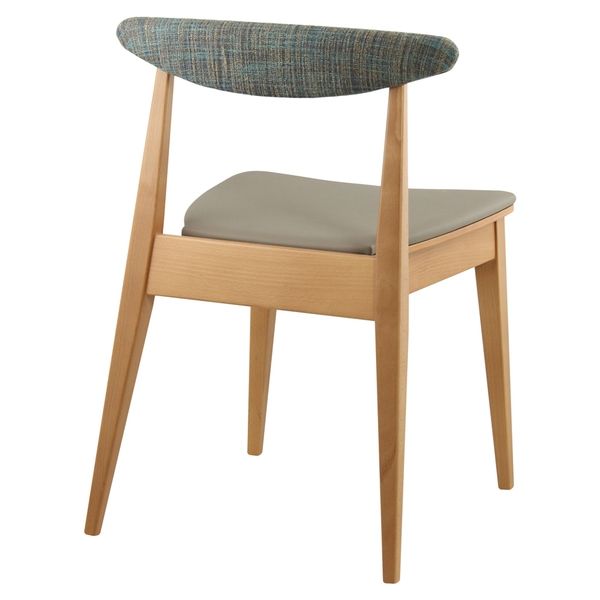 Rear perspective of the Belmonte side chair, showing a light beech frame, grey seat, and textured teal backrest.