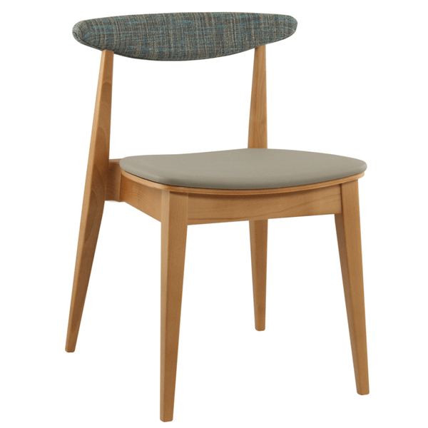 Belmonte side chair displayed from a high-angle, showing its smooth grey seat, textured teal back, and beech frame.
