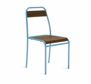 Modern chair with blue metal frame and wood seat and back. Contemporary furniture.