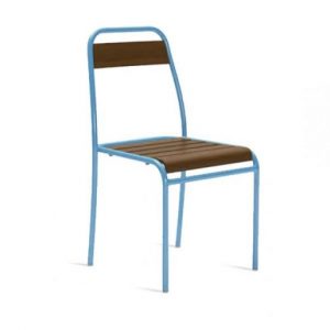 Modern chair with blue metal frame and wood seat and back. Contemporary furniture.
