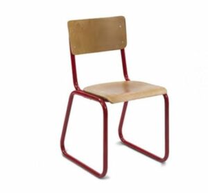 Red metal frame chair with wooden seat and back. School chair.