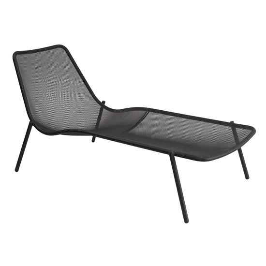 Modern black metal mesh sunlounger. Outdoor patio furniture.