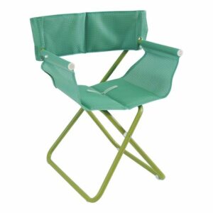 Green folding armchair with armrests and backrest. Portable seating.