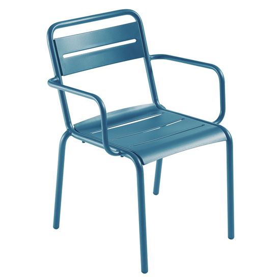 Blue metal armchair with armrests and slatted seat and back. Outdoor furniture.