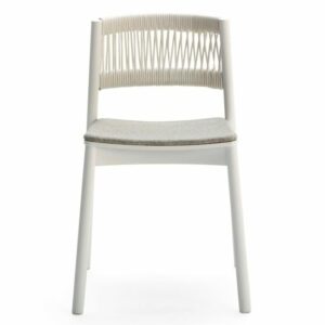 Front view of a white W high back armchair. Features a wooden frame, woven back, and upholstered seat pad.