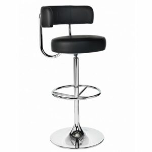 Black Jupiter barstool with chrome base and footrest. Modern kitchen or bar seating.