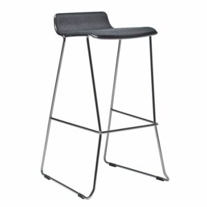 Modern barstool with gray upholstered seat and chrome metal frame. Contemporary counter stool.