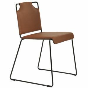 Modern side chair with brown leather seat and back. Black metal frame. Contemporary furniture design.