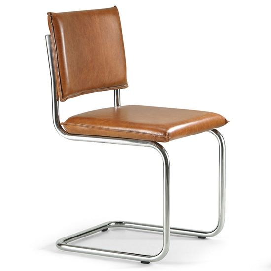 Ceska side chair with tan leather seat and back. Chrome cantilever frame. Modern furniture.