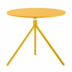 Yellow Nolita table with round top and tripod base. Modern furniture design.