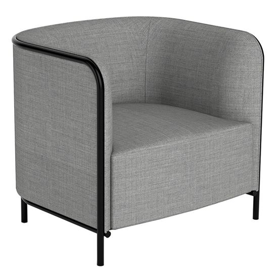 Gray upholstered lounge chair with black metal frame. Modern armchair furniture.