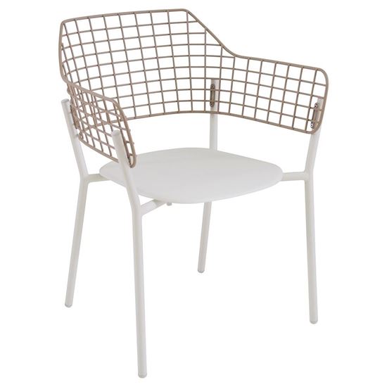 Modern Lyze armchair. White frame, grid backrest, and armrests. Contemporary furniture design.