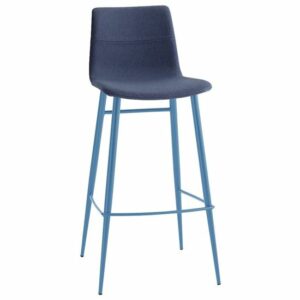 Blue Emma barstool with fabric seat and back. Minimalist design bar furniture.
