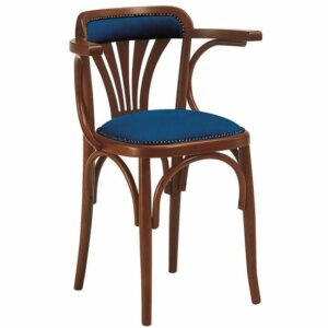 Wooden Hitia armchair with blue upholstered seat and backrest. Armrests included.