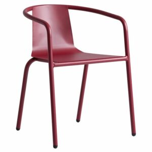 Modern red armchair. Metal frame chair with armrests. Contemporary furniture design.