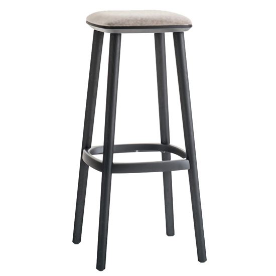 Modern Babila bar stool with gray upholstered seat and black frame. Contemporary kitchen or bar seating.