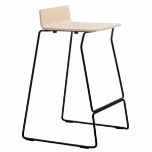 Modern barstool with light wood seat and black metal frame. Contemporary furniture.