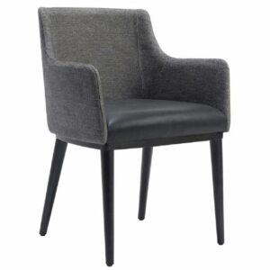 Gray Alan armchair with black leather seat and dark wood legs. Modern furniture.