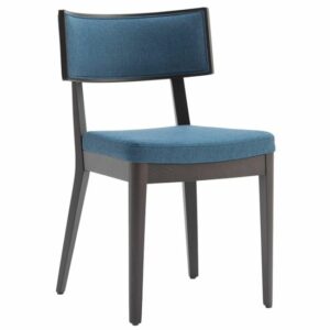 Upholstered side chair with blue fabric seat and back. Modern dining chair.