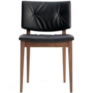 Eileen 701 side chair with black leather upholstery and wood frame. Modern furniture.