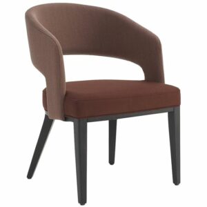 Brown upholstered armchair with armrests and black legs. Modern furniture.