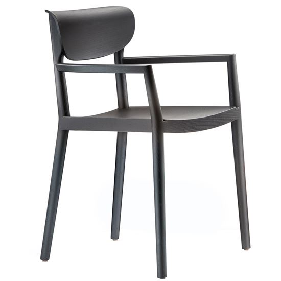 Modern black armchair. Contemporary wood chair with armrests for dining or office. Minimalist furniture design.