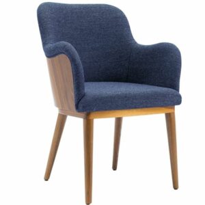 Blue upholstered armchair with wood frame and legs. Modern living room furniture.