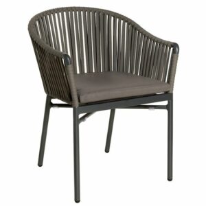 Gray Karin Armchair. Woven rope back and armrests with a gray cushion. Modern outdoor furniture.
