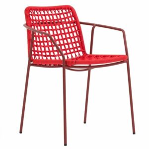 Red rope armchair. Modern outdoor seating with woven design and metal frame. Stylish patio furniture.