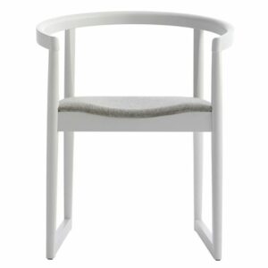 Modern white Nordica 601 armchair with gray cushioned seat. Minimalist furniture design.