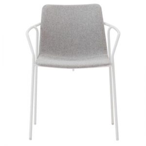 Modern armchair with gray fabric seat and white metal frame. Contemporary chair design.