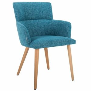Blue Athena high-back armchair with armrests and wooden legs. Accent chair.