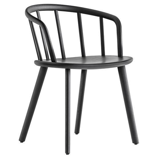 Black Nym armchair. Modern wood chair with curved back and round seat. Contemporary furniture design.