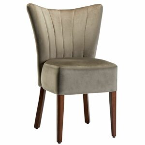 Upholstered Capri side chair with wooden legs. Modern dining room furniture.