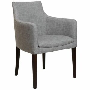Gray Nina-P Armchair. Upholstered chair with dark wooden legs. Modern furniture.
