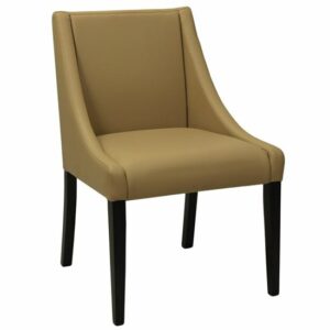Upholstered side chair with black wood legs. Modern dining chair, tan fabric.