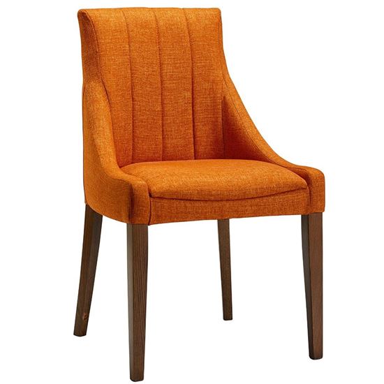 Orange Nina side chair with wood legs. Modern dining room furniture.