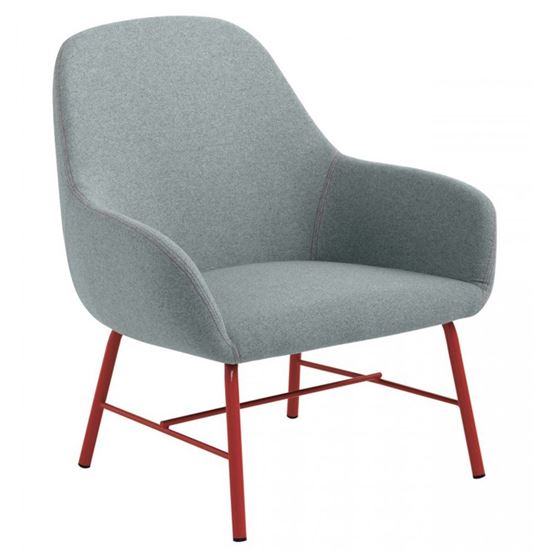 Gray Myra lounge chair with red metal legs. Modern armchair furniture.