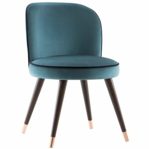 Modern teal side chair. Upholstered seat and back with dark wood legs and copper accents.