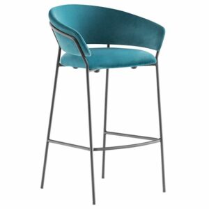 Modern teal barstool with black metal frame. Contemporary kitchen or bar seating. Stylish, comfortable design.