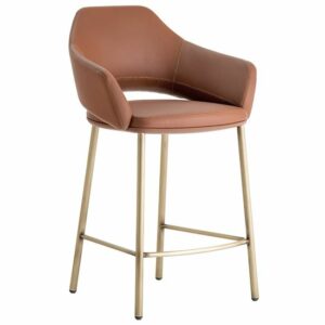 Modern barstool with brown leather upholstery and metal legs. Stylish counter stool for kitchen island or home bar.