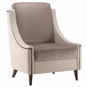 Victoria Lounge Chair. Modern accent chair with patterned fabric and taupe cushions. Living room furniture.