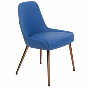 Blue upholstered side chair with metal legs. Modern dining or accent chair.