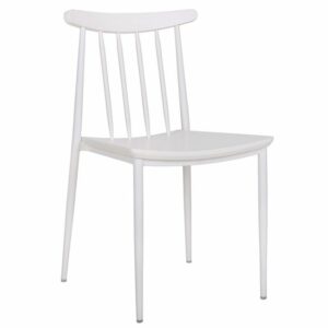 Modern white side chair. Minimalist design with a slatted back and sleek metal frame. Contemporary furniture.